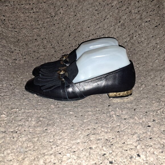 MASSIMO DUTTI-Black Nappa Leather Chain Suede Kiltie Loafers-Sz 37-Excellent - Picture 2 of 8